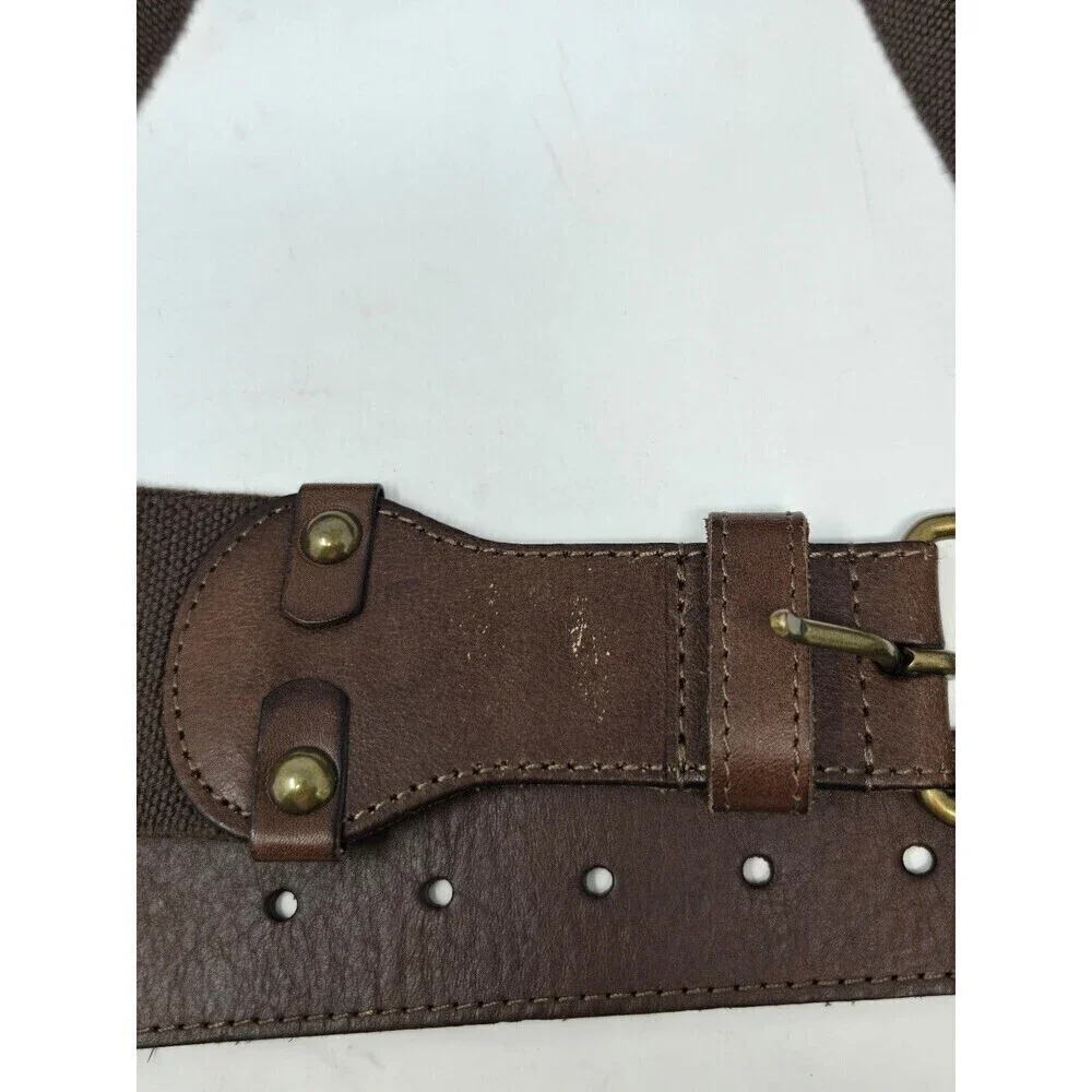 TALBOTS WIDE STRETCH LEATHER STATEMENT BELT COCO BROWN BRASS BUCKLE WOMEN OS
